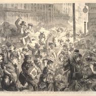 The Great Fire in Chicago: Panic-stricken Citizens Rushing Past the Sherman House, Carrying the Aged, Sick and Helpless, and Endeavoring to Save Family Treasures; from Frank Leslie's Illustrated Newspaper, October 28, 1871 (ichi-20909)