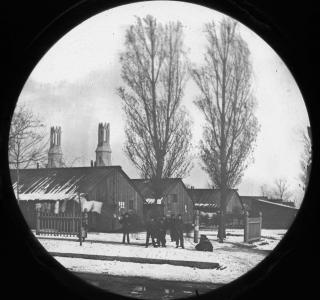 Washington Square Park Relief and Aid Society Barracks; Copelin & Hine, Glass Lantern Slide, ca. 1871 (ichi-2860)
