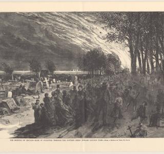 Rush of fugitives through the Potter's Field toward Lincoln Park; Based on a Sketch by Theo R. Davis, from Harper's Weekly, November 4, 1871 (ichi-02881)