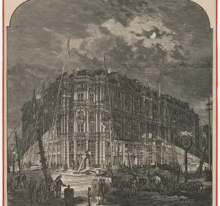 Working at Night on Palmer's Grand Hotel, by Calcium Light; Engraving, ca. 1872 (ichi-02930) 