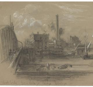 "West Side from Lake St. Bridge Chicago"; Alfred R. Waud, Pencil and Chalk Drawing, 1871 (ichi-02979)