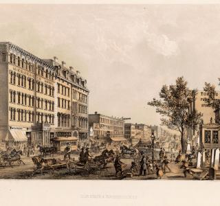 Cor. State and Washington Street; Louis Kurz for Jevne & Almini, Lithograph, 1866-67 (ichi-31532)