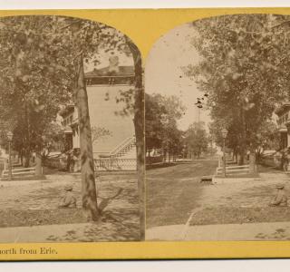 View North on Pine Street (now Michigan Avenue) to the Water Tower before the Fire; P. B. Greene, Stereograph, 1871 (ichi-39581)
