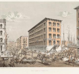 Corner of Clark and Water Streets; Louis Kurz for Jevne & Almini, Lithograph, 1866-67 (ichi-62077)
