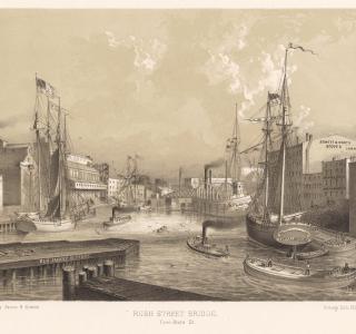 Rush Street Bridge from State St; Louis Kurz for Jevne & Almini, Lithograph, 1866-67 (ichi-63087)