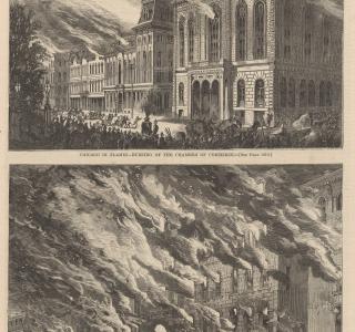 Chicago in Flames--Burning of the Chamber of Commerce and the Crosby Opera House; from Harper's Weekly, October 28, 1871 (ichi-63127)