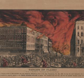 Chicago in Flames.  Scene in Dearborn St. Burning of the Tremont House; Kellogg & Bulkeley, Lithograph, 1872 (ichi-63130)
