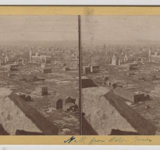 View of Unity and New England Churches, from the Water Tower, after the Fire; J. H. Abbott, Stereograph, 1871 (ichi-64283)
