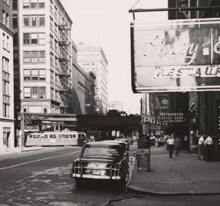 West on Lake Street from a Point 100 Feet West of of Michigan Avenue; J. Sherwin Murphy, Photograph, 1954 (ichi-64369)