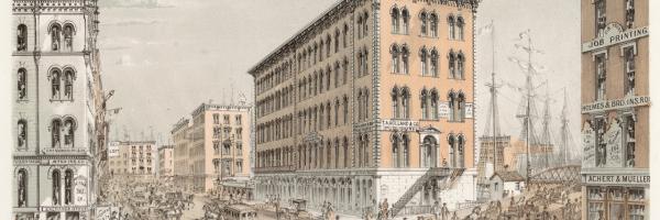 Corner of Clark and Water Streets; Louis Kurz for Jevne & Almini, Lithograph, 1866-67 (ichi-62077)